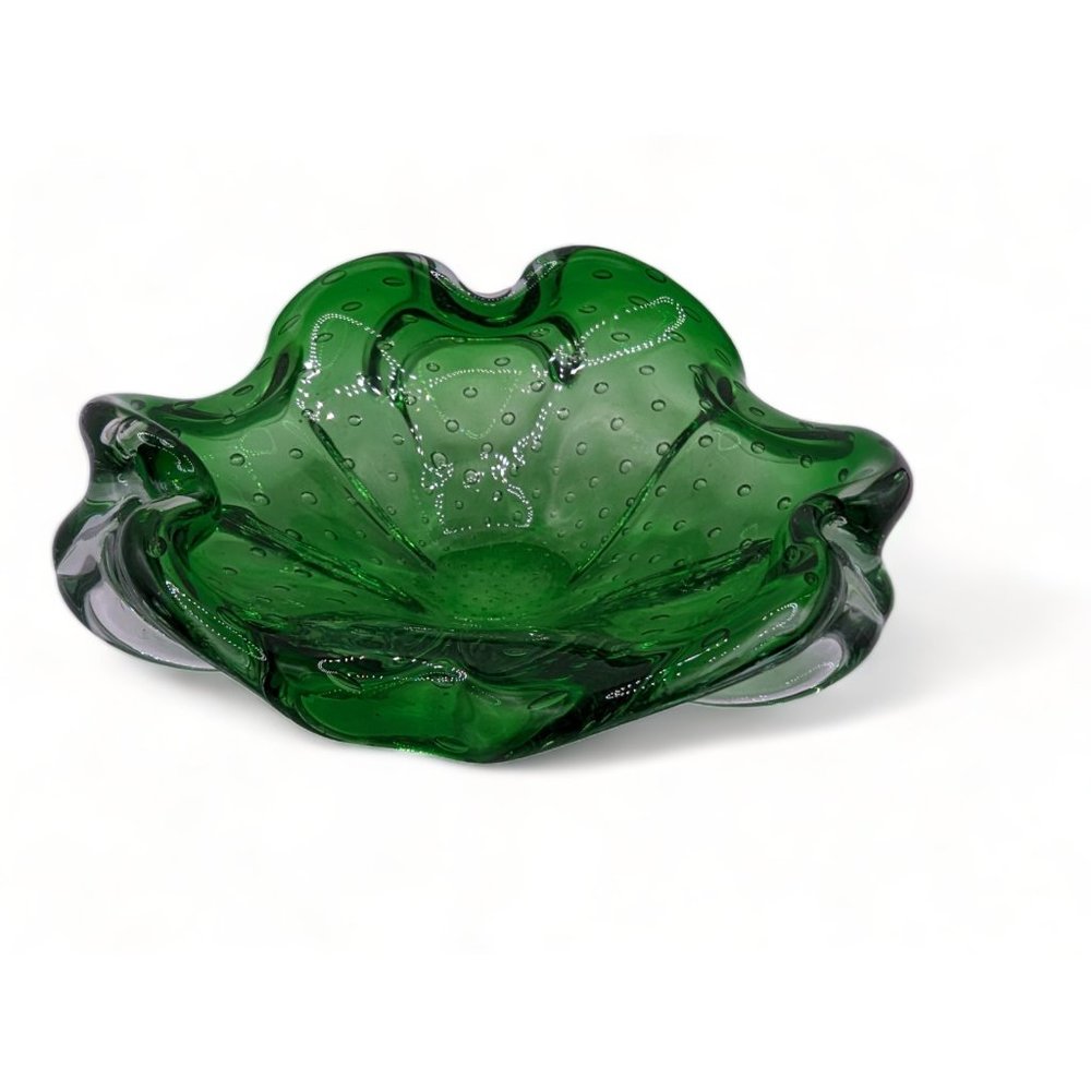 Vtg Mid Century Italian Murano Green Bowl Candy Dish Ashtray  Bullicante  7 In
